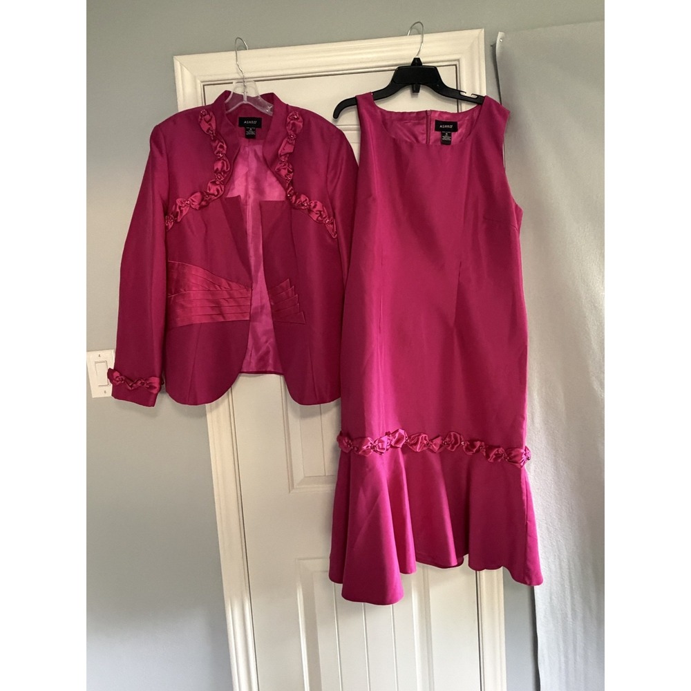 Ashro 2 Piece Jacket Dress Suit Set Womens 16 Pink Satin Beaded Formal Wedding
